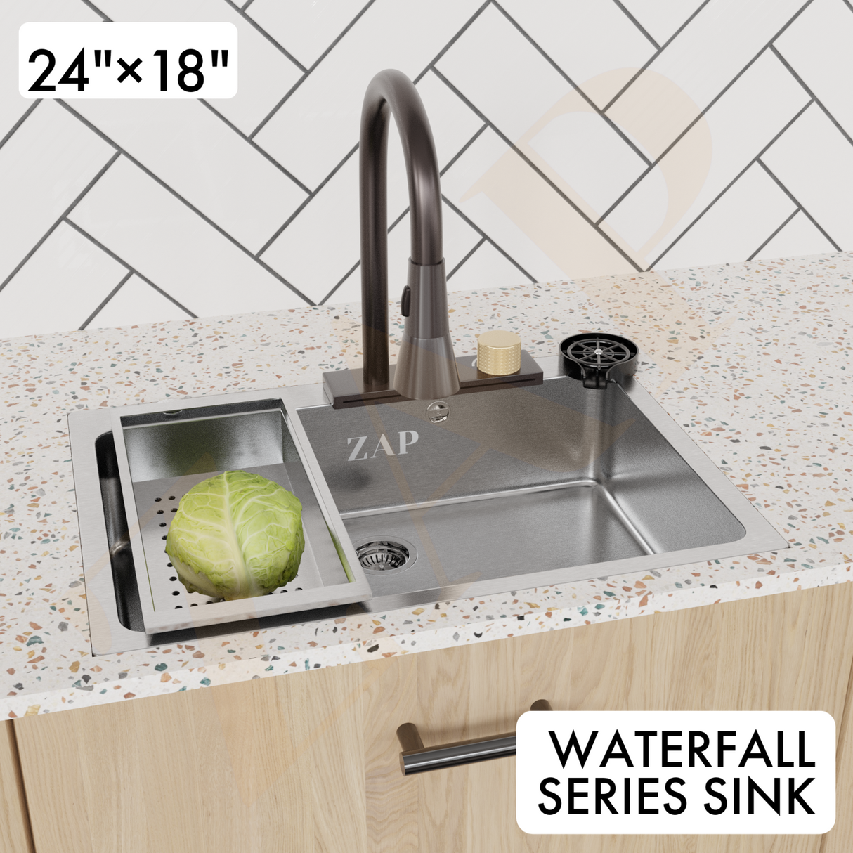 ZAP Waterfall 304 Grade Stainless Steel Kitchen Sink Set 24x18 Inch | Chrome Finish | Pull-Out Faucet, Chopping Board, Glass Rinser, Soap Dispenser & Strainer | Multi-Functional Farmhouse Sink for Modular Kitchens