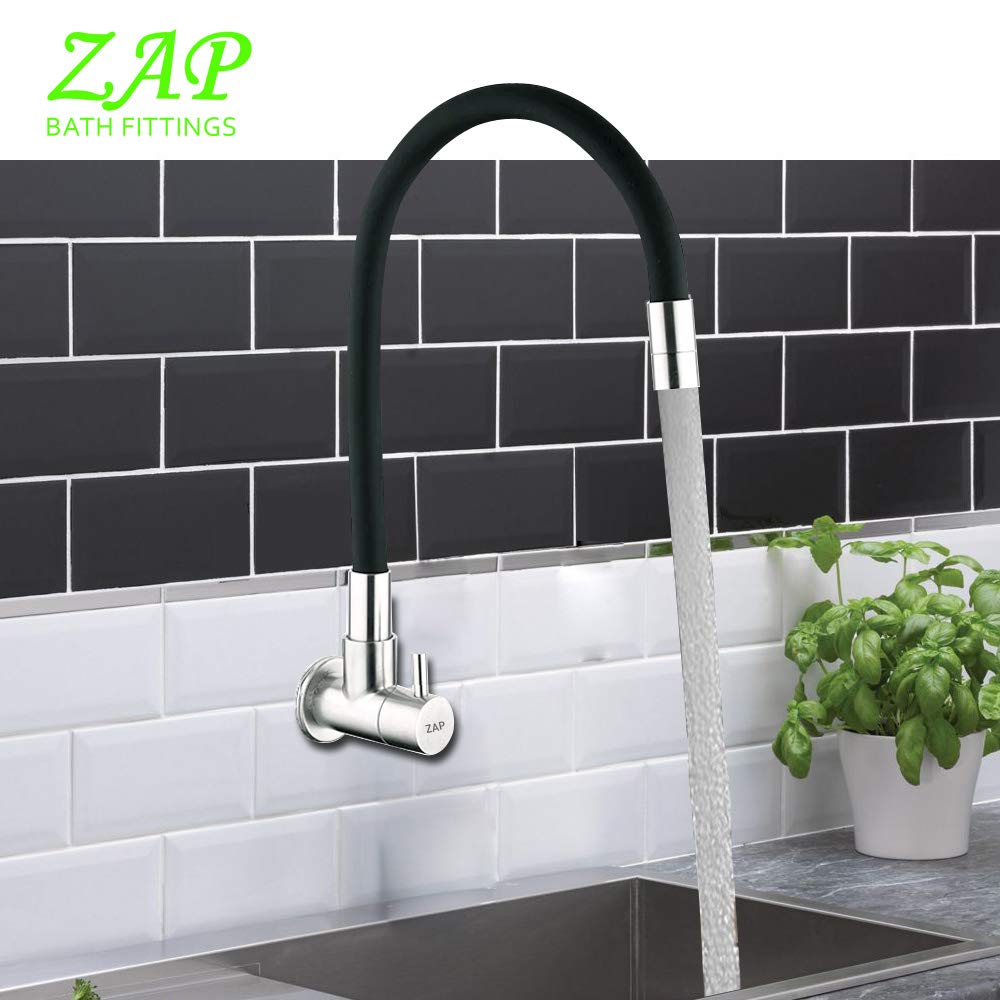 Pluto Brass Sink Cock for Kitchen - with Silicon Flexible Spout Wall Mounted and Chrome Plated Finish Fittings (Pluto)
