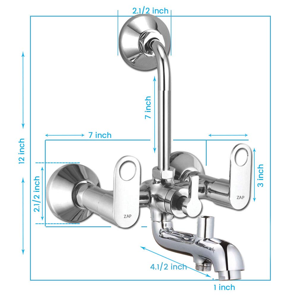 Geo Series 100% High Grade Brass 3 in 1 Wall Mixer With Provision For Over Head Shower and 125mm Long Bend Pipe (Chrome)