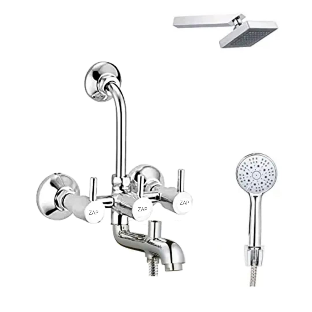 Turbo Series 100% High Grade Brass 3 in 1 Wall Mixer with Head Shower & Multi Flow Hand Shower with 1.5 Meter Flexible Tube (Chrome)