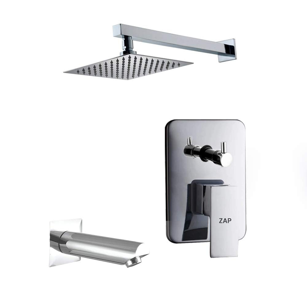 ZXR24140 Brass, Concealed Square Body Diverter Full Set with Overhead Shower and Bath Tub Spout (Chrome)