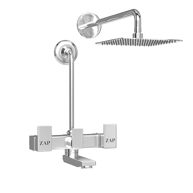 ZAP SKODA Series Full Brass Wall Mixer with Overhead Shower System and 125mm Bend Pipe for Bathroom – Chrome Finish