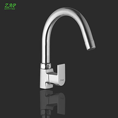 Zap Bolt Swan Neck Kitchen Faucet Tap | 100% Brass | Chrome Finish | Single Lever Mixer | Swivel Spout | Hot & Cold Water | Sink Tap for Modular Kitchens & Utility
