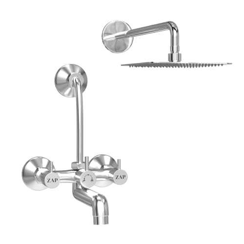 ZAP Elixir Series 2-in-1 Brass Wall Mixer with 4-Inch Overhead Shower, 125mm Bend Pipe, Chrome Finish, Hot & Cold Knobs, and Faucet Cleaner | Bathroom Fittings Combo Set