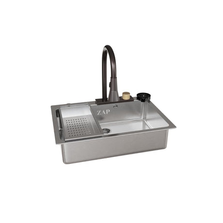 ZAP Waterfall 304 Grade Stainless Steel Kitchen Sink Set 24x18 Inch | Chrome Finish | Pull-Out Faucet, Chopping Board, Glass Rinser, Soap Dispenser & Strainer | Multi-Functional Farmhouse Sink for Modular Kitchens