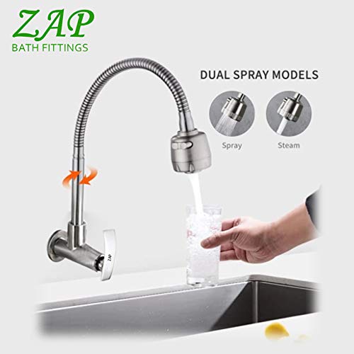 ZAP Brass Sink Cock Flat – Dual Flow Faucet with Shower & Foam Flow | Chrome Finish Wall Mounted Tap for Kitchen & Bathroom | Heavy-Duty Brass Construction