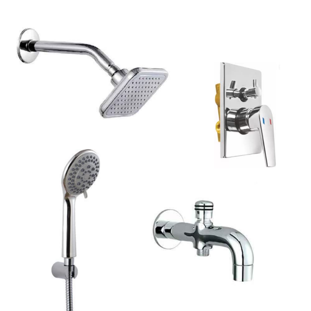 ZAP Deluxe 3435 COMBO OF Hexa Ultra Square High Grade Overhead Shower and ABS Silicon Hand Shower with Tipton Spout and Divertor