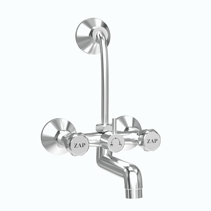 ZAP Continental Series Brass Wall Mixer | Chrome Finish | With Overhead Shower Provision & 125mm Bend Pipe | Wall-Mounted Faucet | Durable Hot & Cold Water Mixer for Bathrooms
