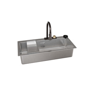 ZAP Waterfall 304 SS Kitchen Sink Set 37x18 Inch – Chrome Finish with Pull-Out Faucet, Chopping Board, Glass Rinser, Soap Dispenser & Strainer | Multi-Functional Farmhouse Sink for Modular Kitchens