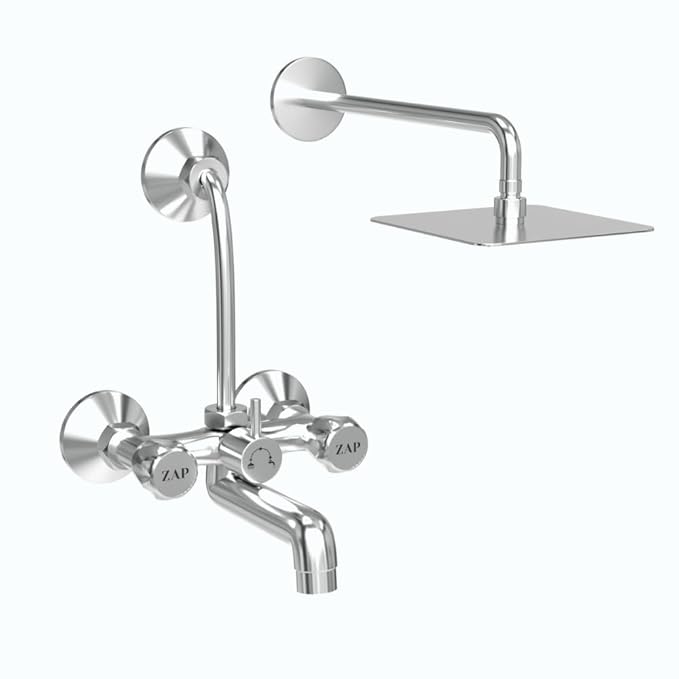 ZAP Continental Series Brass Wall Mixer with 3-Function Diverter | 4x4 Inch Overhead Shower Set with 125mm Bend Pipe | Premium Chrome Finish | Bathroom Fittings Combo Set