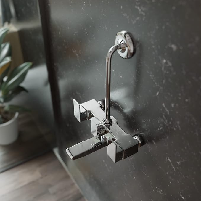 ZAP SKODA Series Full Brass Wall Mixer with Overhead Shower System and 125mm Bend Pipe for Bathroom – Chrome Finish