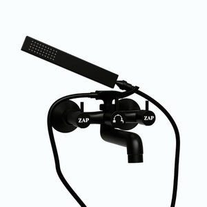 ZAP Elixir Bass 2-in-1 Full Brass Wall Mixer with Hand Shower, Overhead Shower Provision & Long Bend Pipe – Black Matte Finish | Rust Resistant | Stylish Wall Mounted Tap for Bathroom
