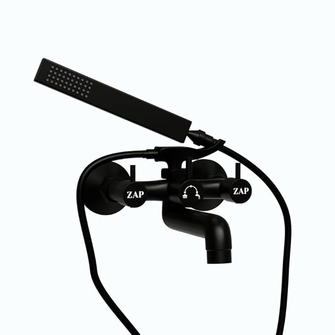 ZAP Elixir 2-in-1 Full Brass Wall Mixer for Bathroom | Matte Black Finish | Includes Long Bend Pipe for Overhead Shower | Durable & Rust Resistant | Wall-Mounted Fitting