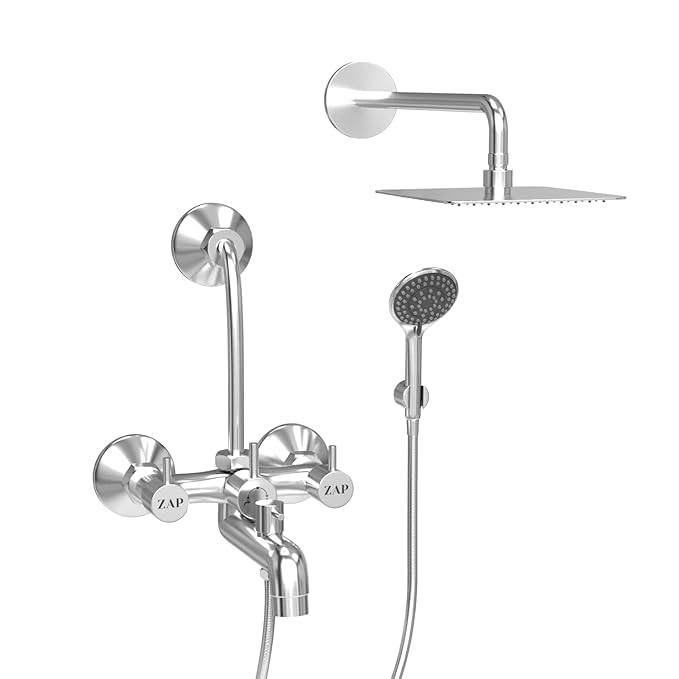 ZAP Elixir Series 3-in-1 Brass Wall Mixer with Overhead Shower, Multi-Flow Hand Shower & 1.5m Flexible Tube – Chrome Finish