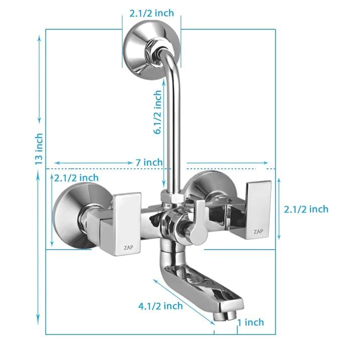 ZAP SKODA Series Full Brass Wall Mixer with Overhead Shower System and 125mm Bend Pipe for Bathroom – Chrome Finish