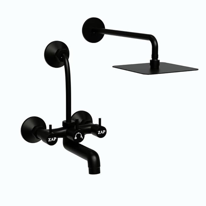 ZAP Elixir 2-in-1 Full Brass Wall Mixer for Bathroom | Matte Black Finish | Includes Long Bend Pipe for Overhead Shower | Durable & Rust Resistant | Wall-Mounted Fitting