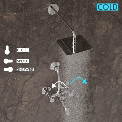 ZAP Elixir Series 2-in-1 Brass Wall Mixer with 4-Inch Overhead Shower, 125mm Bend Pipe, Chrome Finish, Hot & Cold Knobs, and Faucet Cleaner | Bathroom Fittings Combo Set