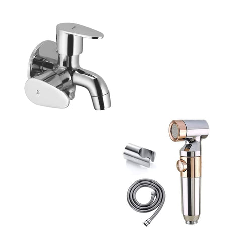 ZAP Combo of Ultra ZX 1034 Health Faucet with Stainless Steel Tube and Wall Hook for Bathroom and Prime Two in one Bib Cock Tap