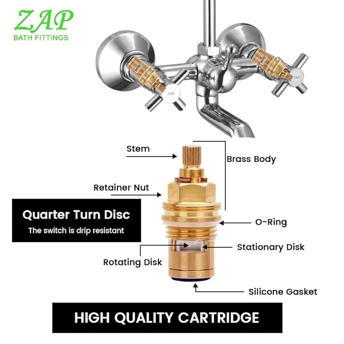 ZAP Caster 100% Brass Wall Mixer Combo Set (Pack of 2) | Chrome Plated Bathroom Fittings | Rust Resistant | With Overhead Shower Provision & Long Bend Pipe