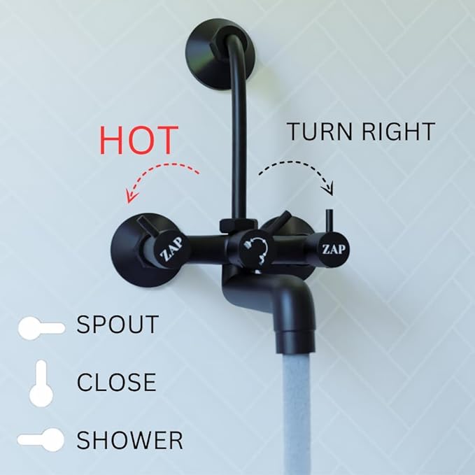 ZAP Elixir 2-in-1 Full Brass Wall Mixer for Bathroom | Matte Black Finish | Includes Long Bend Pipe for Overhead Shower | Durable & Rust Resistant | Wall-Mounted Fitting