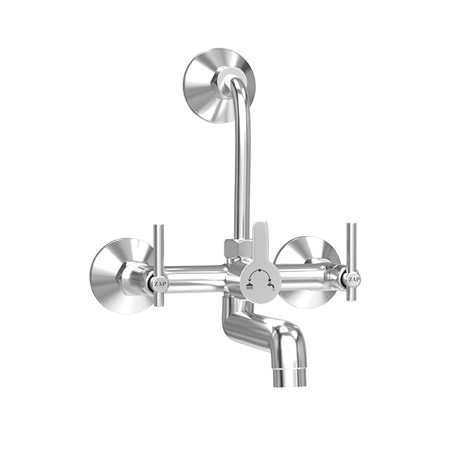 Zap Terrim 2-in-1 Brass Wall Mixer | Chrome Finish | With Overhead Shower Provision & 125 mm Bend Pipe | Visible Hot/Cold Indicators | Faucet Cleaner Knobs | Wall-Mounted Bathroom Faucet