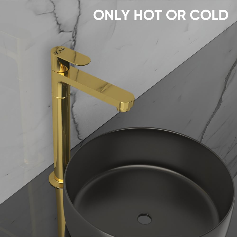 Click to see full view   2 VIDEOS     3+ ZAP Ocean Series Brass Pillar Cock Tap 11-Inch Tall | Gold Finish Bathroom Faucet | Hot and Cold Water Tap for Wash Basin, Sink, Vanity | Stylish & Durable