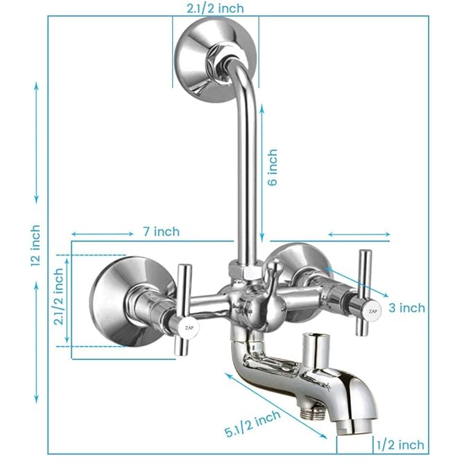 Terrim Chrome 3-in-1 Wall Mixer with Shower System & Bend Pipe