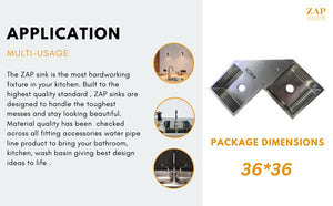 ZAP Millennium Series 36x36 Inch Kitchen Sink with Drain Board | 304 Grade Stainless Steel Single Bowl Sink | Includes Waste Kit, Pipe & Basket Drainer