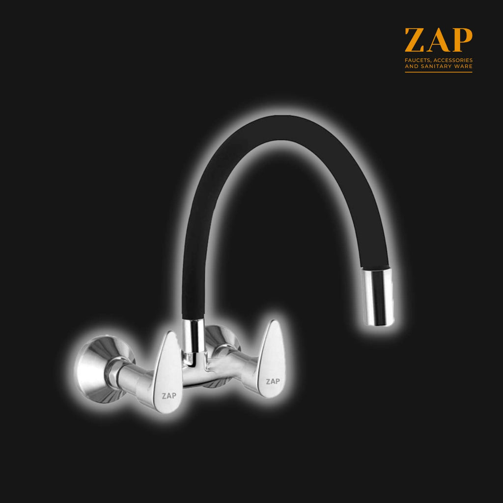 ZAP Elixir 3453 Brass Sink Mixer – Wall Mounted Kitchen Tap with Flexible Silicone Swivel Spout | Hot & Cold Water Faucet | Chrome Finish Sink Mixer for Modular Kitchens