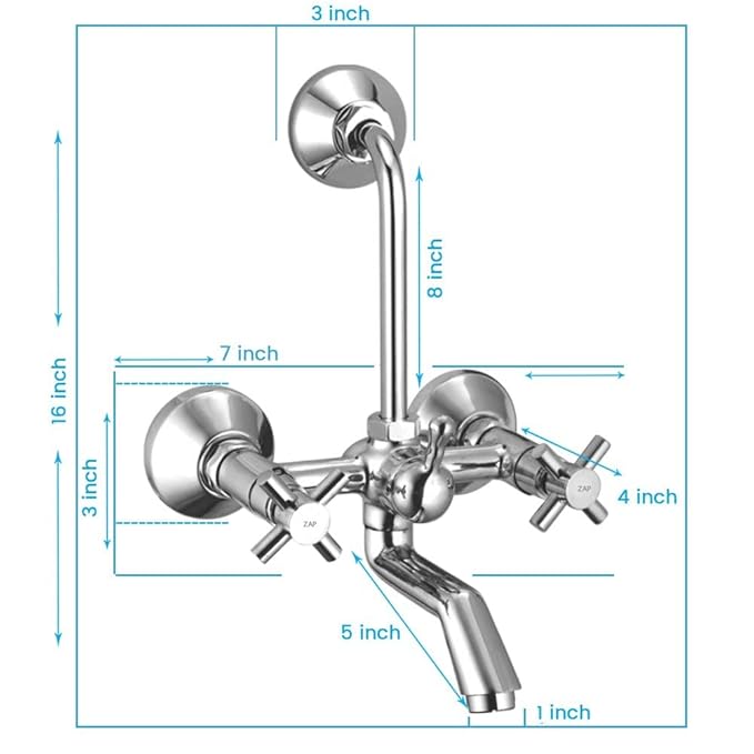 ZAP Caster 100% Brass Wall Mixer Combo Set (Pack of 2) | Chrome Plated Bathroom Fittings | Rust Resistant | With Overhead Shower Provision & Long Bend Pipe