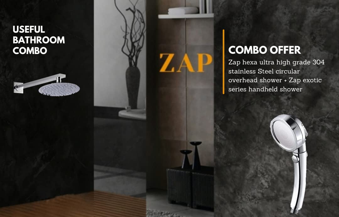 ZAP Combo Hexa| Circular Overhead Shower with Rod (304 Stainless Steel Polished) Exotic Series Handheld Shower | 3 Spray Modes + Pause Button | Flexible Hose & Wall Hook | Chrome Finish