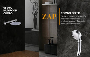 ZAP Combo Hexa| Circular Overhead Shower with Rod (304 Stainless Steel Polished) Exotic Series Handheld Shower | 3 Spray Modes + Pause Button | Flexible Hose & Wall Hook | Chrome Finish