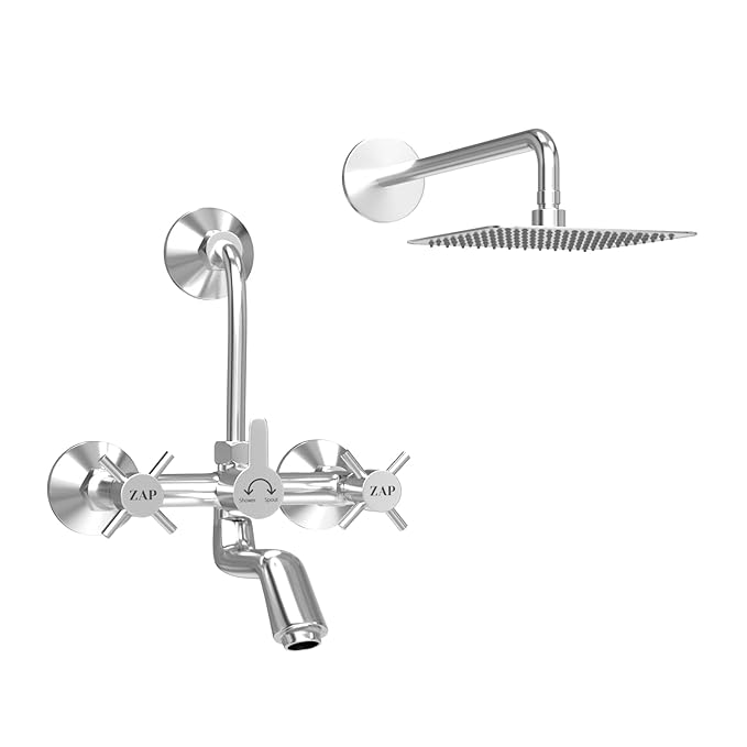 ZAP Caster Series 2-in-1 Brass Wall Mixer with Overhead Shower Set, 125mm Bend Pipe, Hot and Cold Knobs, Chrome Finish, and Faucet Cleaner | Bathroom Fittings Tap Set | Rust Resistant