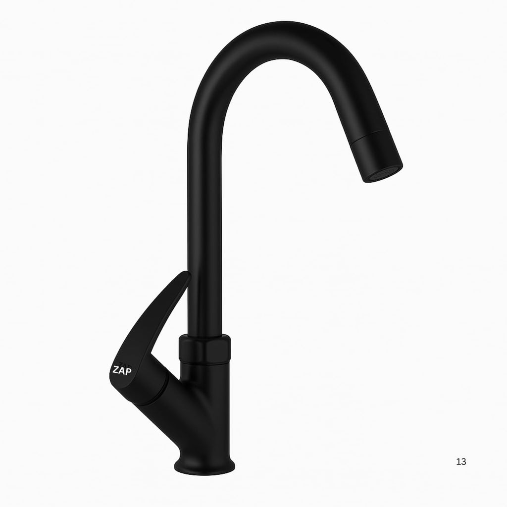 Zap Black Swan Neck Kitchen Sink Tap with 360° Swivel Spout | Premium Pillar Faucet for Kitchen & Wash Basin | Brass Tap for Sink | Sleek Design | Rust-Resistant | Easy Installation