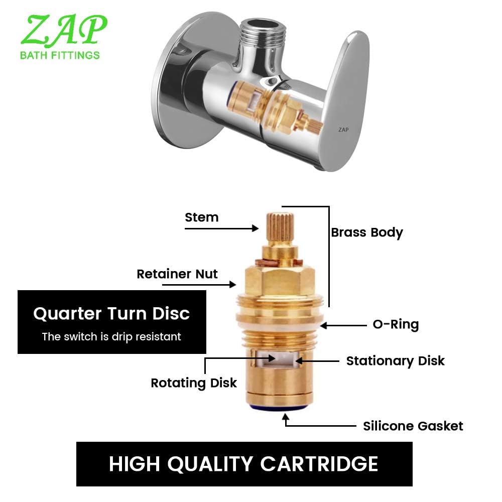ZAP Pluto Series Full Brass Angle Cock | Heavy-Duty 5x3 Inch Quarter Turn Wall Mounted Valve for Bathroom, Geyser, Basin, Sink & Toilet | Chrome Finish | Pack of 2 | Made in India