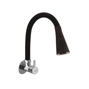 ZAP FX19002 Brass Kitchen Sink Tap – 6.5 Inch Flexible Black Silicone Spout | Dual Flow Swivel Faucet | Black & Chrome Finish | Wall Mounted Hot & Cold Tap