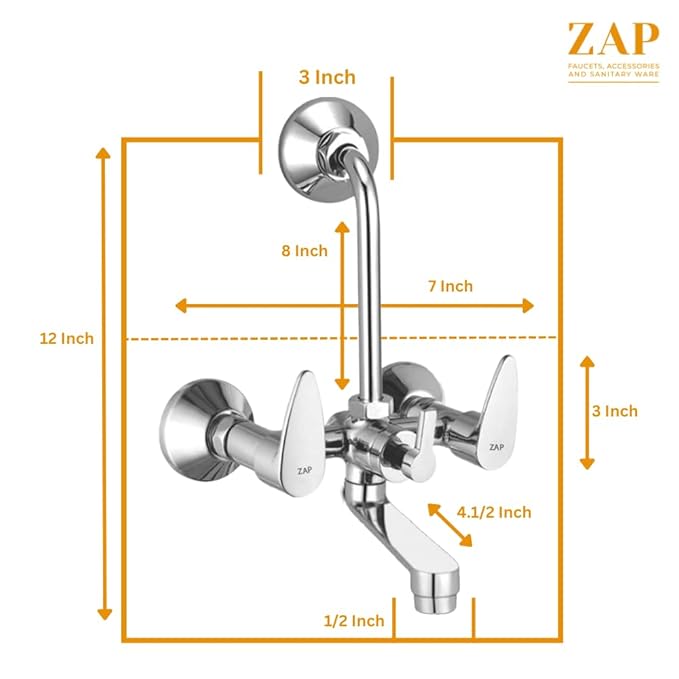 ZAP Brezza Series 2-in-1 Wall Mixer with Crutch | Brass Body with Multi-Flow Hand Shower & 1.5m Flexible Tube | Chrome Finish Deluxe Bathroom Fitting
