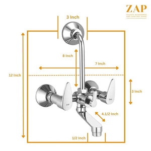 ZAP Brezza Series 2-in-1 Wall Mixer with Crutch | Brass Body with Multi-Flow Hand Shower & 1.5m Flexible Tube | Chrome Finish Deluxe Bathroom Fitting