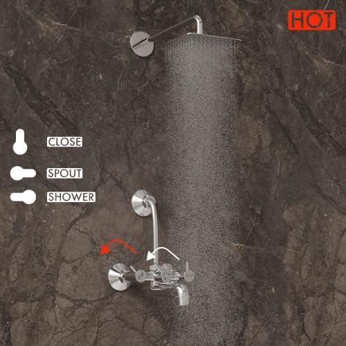 ZAP Elixir Series 2-in-1 Brass Wall Mixer with 4-Inch Overhead Shower, 125mm Bend Pipe, Chrome Finish, Hot & Cold Knobs, and Faucet Cleaner | Bathroom Fittings Combo Set