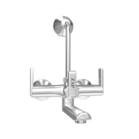 ZAP Ultra Cube Series High Grade 100% Brass 2-in-1 Wall Mixer with Overhead Shower Set and 125mm Long Bend Pipe | Hot/Cold Knobs with Chrome Finish and Faucet Cleaner