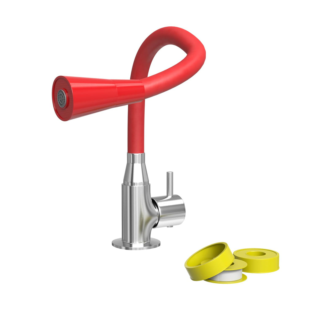 ZAP Swan Neck with Flexible Swivel Spout | Dual Flow Kitchen Sink Tap | Silicone Spout Brass Faucet | Tap for Kitchen Sink | Modern Sink Cock | Wash Basin Tap | Pillar Tap (Red)