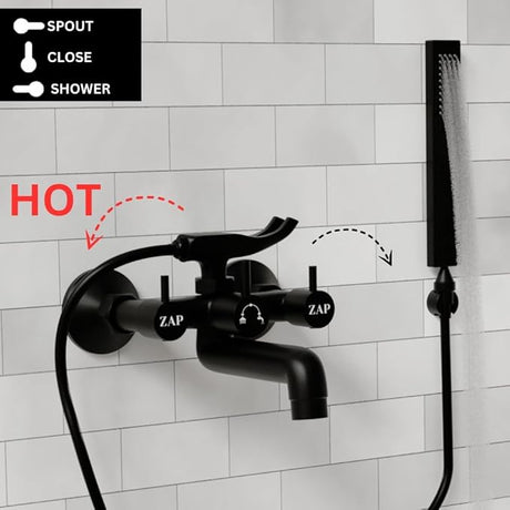 ZAP Elixir Bass 2-in-1 Full Brass Wall Mixer with Hand Shower, Overhead Shower Provision & Long Bend Pipe – Black Matte Finish | Rust Resistant | Stylish Wall Mounted Tap for Bathroom