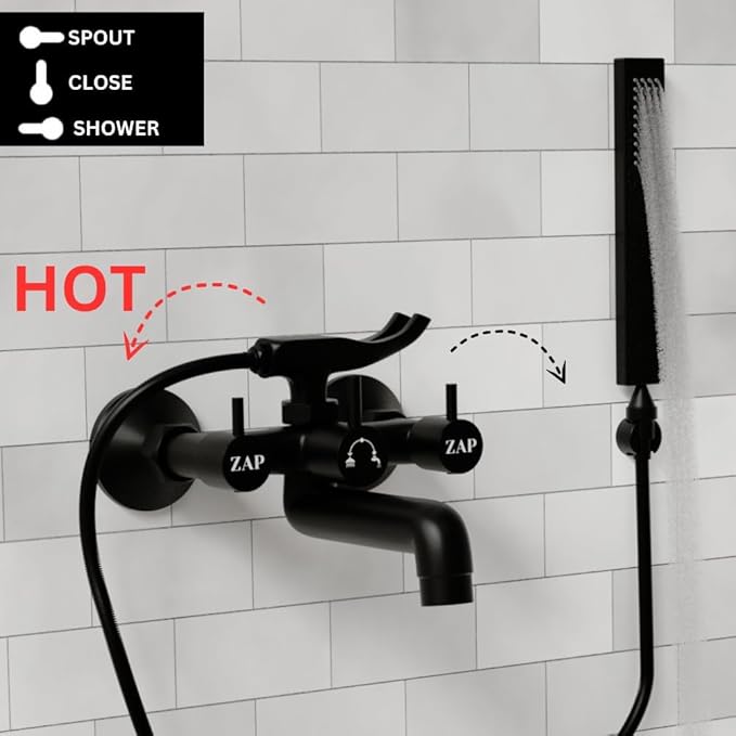 ZAP Elixir 2-in-1 Full Brass Wall Mixer for Bathroom | Matte Black Finish | Includes Long Bend Pipe for Overhead Shower | Durable & Rust Resistant | Wall-Mounted Fitting