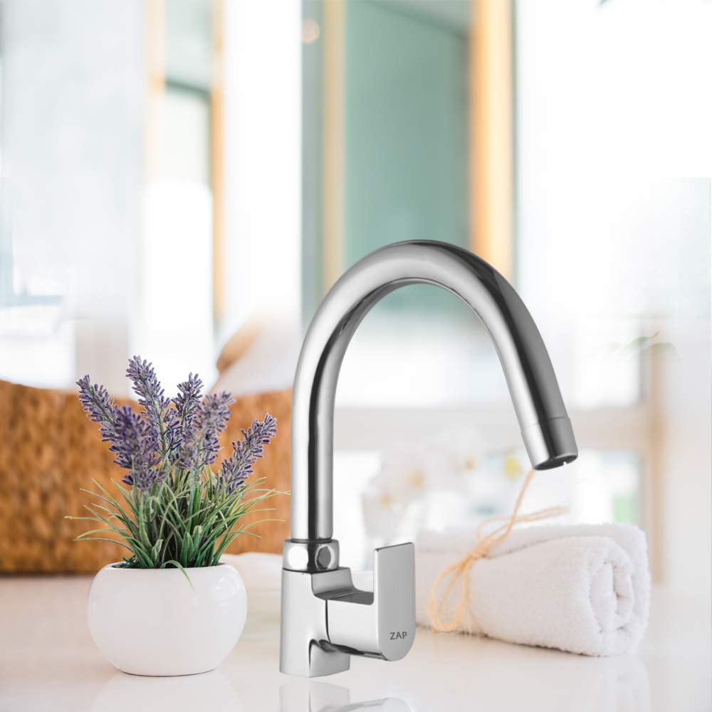 Zap Bolt Swan Neck Kitchen Faucet Tap | 100% Brass | Chrome Finish | Single Lever Mixer | Swivel Spout | Hot & Cold Water | Sink Tap for Modular Kitchens & Utility