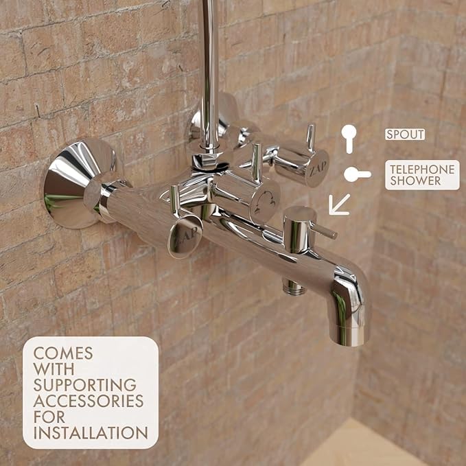 ZAP Elixir Series 3-in-1 Brass Wall Mixer with Overhead Shower, Multi-Flow Hand Shower & 1.5m Flexible Tube – Chrome Finish