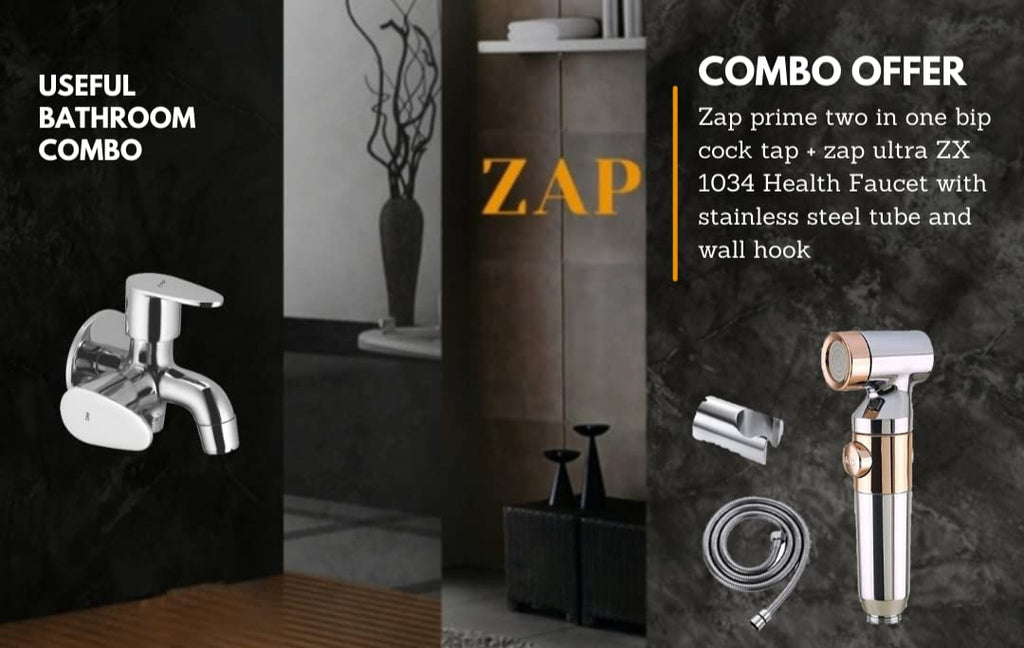 ZAP Combo of Ultra ZX 1034 Health Faucet with Stainless Steel Tube and Wall Hook for Bathroom and Prime Two in one Bip Cock Tap