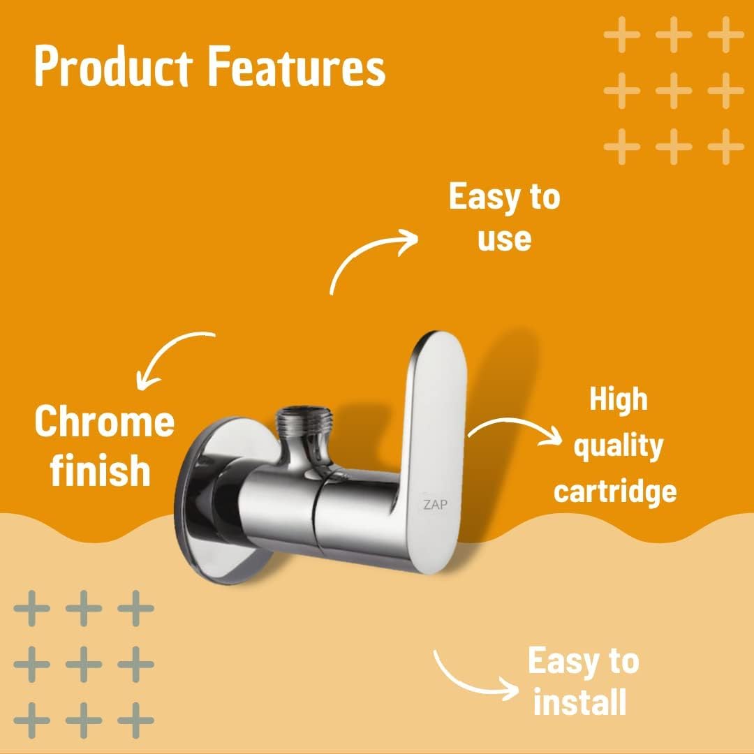 ZAP Premium Brass Angle Valve – Pack of 2 | Chrome-Plated Quarter Turn Tap with Ceramic Disc Cartridge & Wall Flange | Leakproof Valve for Bathroom, Kitchen, Geyser & Basin | 15mm BSP | Made in India