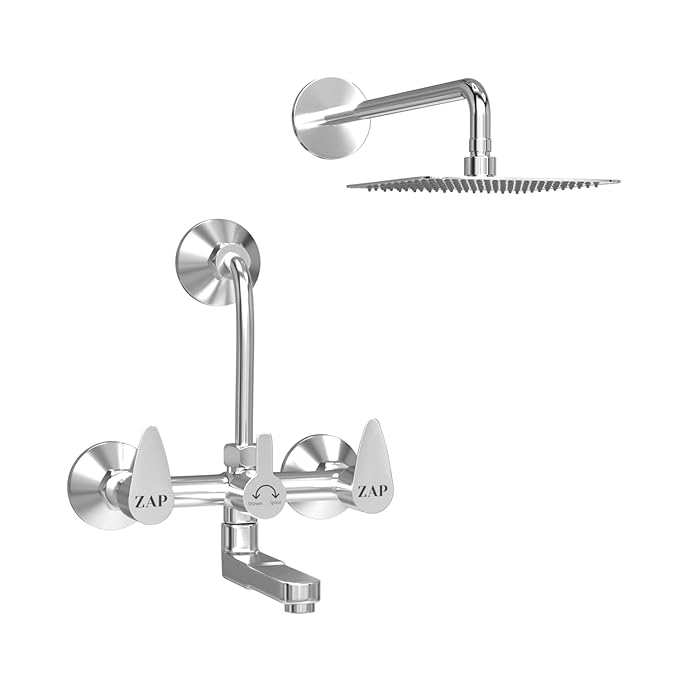 ZAP Nova Series 2-in-1 Brass Wall Mixer with Overhead Shower Set and 125mm Long Bend Pipe | Chrome Finish | Hot and Cold Water Control | Includes Faucet Cleaner | Bathroom Fittings Tap Combo