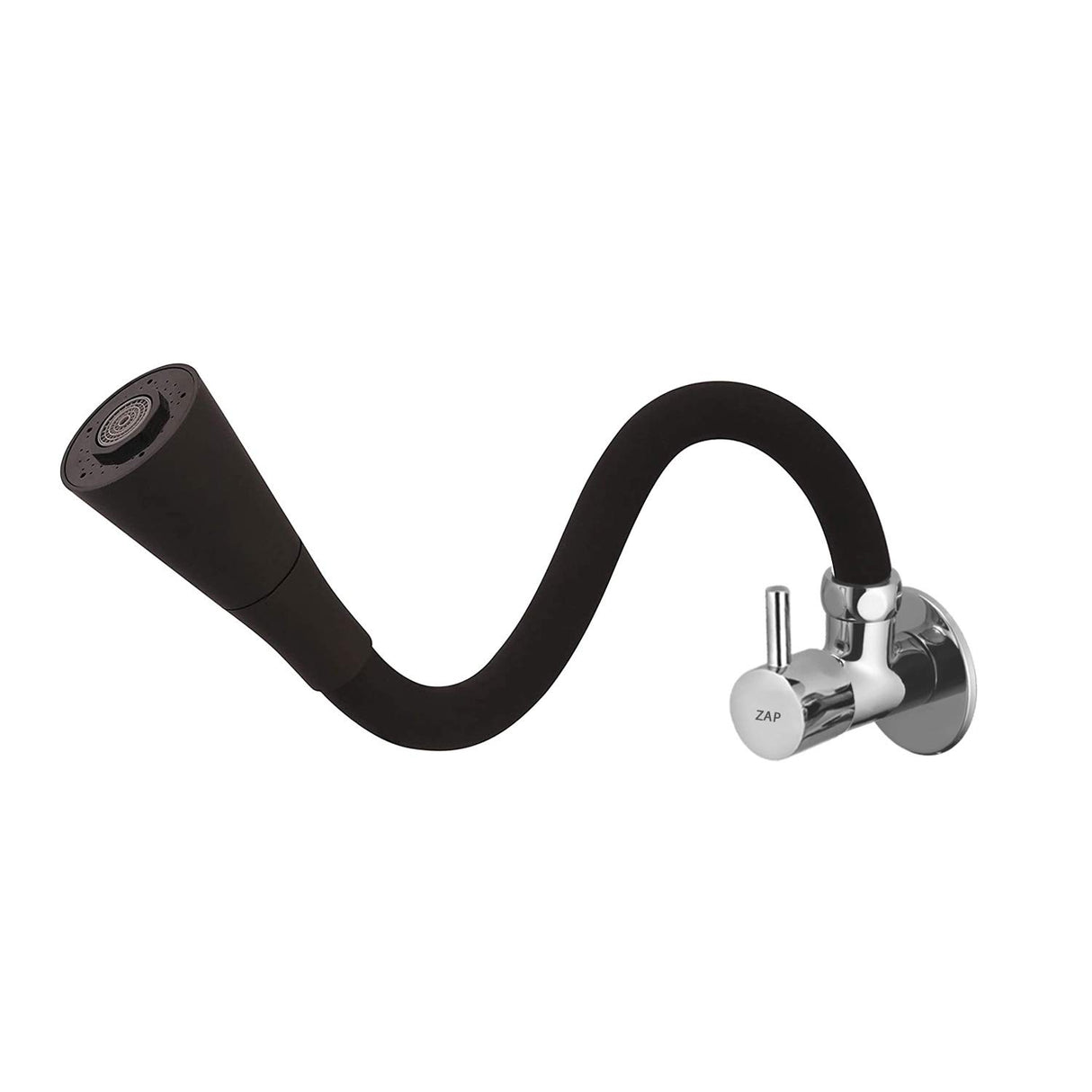ZAP FX19002 Brass Kitchen Sink Tap – 6.5 Inch Flexible Black Silicone Spout | Dual Flow Swivel Faucet | Black & Chrome Finish | Wall Mounted Hot & Cold Tap