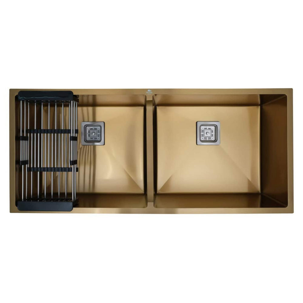 ZAP Gold Finish Stainless Steel Kitchen Sink | 37x18 cm Single Bowl Sink with Drainage Kit | Dual Water Aerator, Drainer Basket, Waste Pipe & Coupling | Large Size for Indian Kitchens